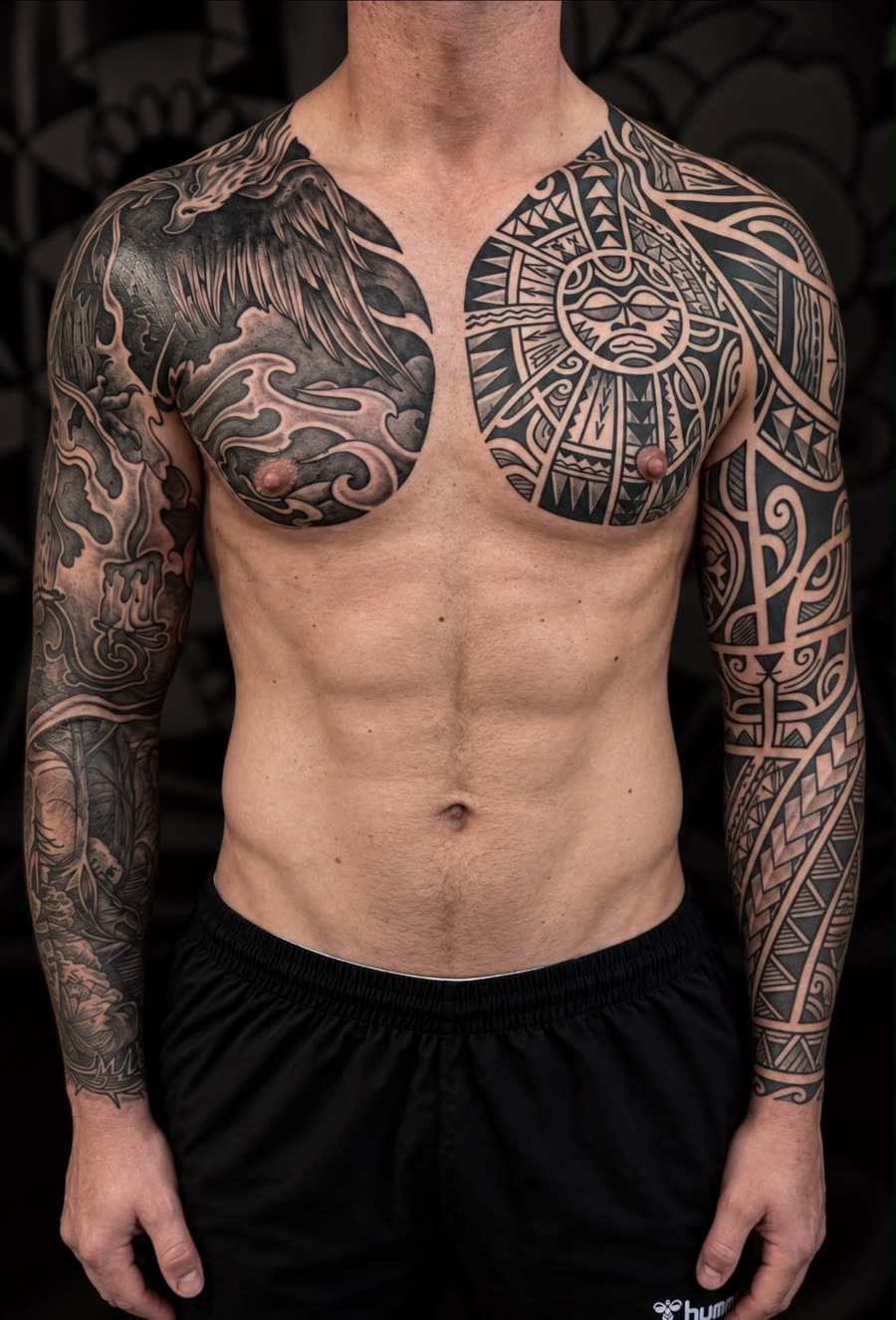 Brust und Arme mit Sonnen-Mandala und Tribal-Mustern – Tattoo aus Bad Bramstedt