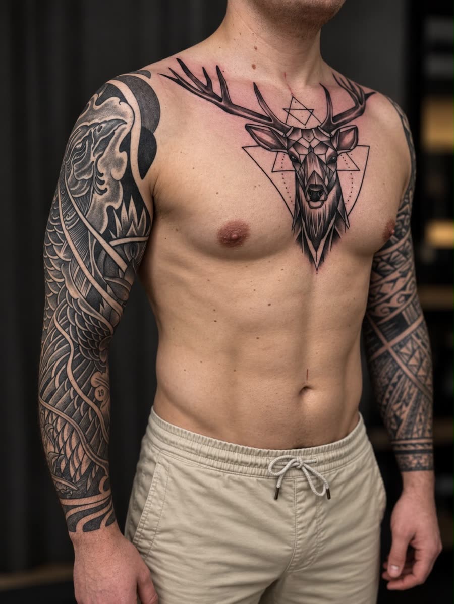 Geometrischer Hirschkopf auf der Brust – Tattoo aus Bad Bramstedt