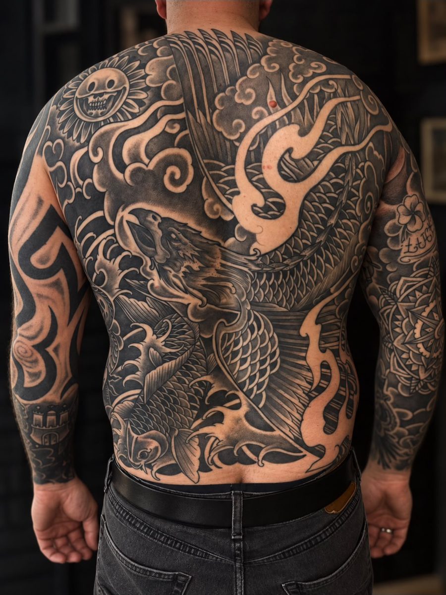 Japanisches Rückenstück in Schwarz-Grau – Tattoo aus Bad Bramstedt