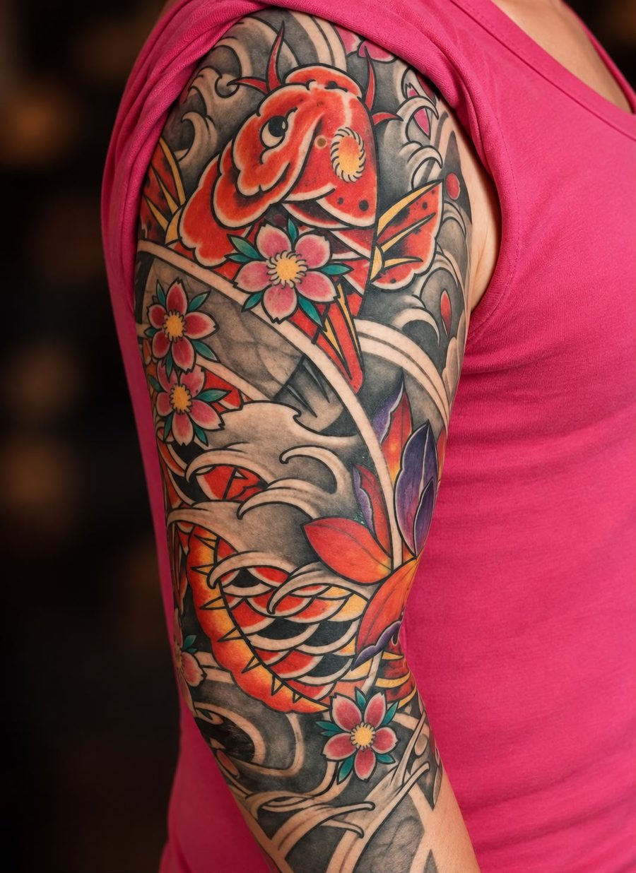 Koi-Sleeve mit Kirschblüten und Wellen am Oberarm – Tattoo aus Bad Bramstedt